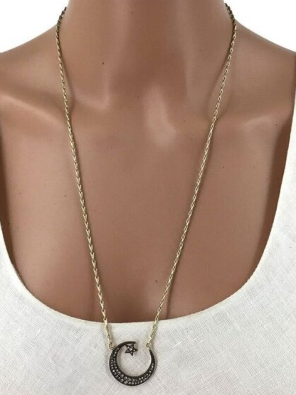 Stella and Dot Necklace Pave Cresent Moon Star Gold Tone Silver Tone - Picture 2 of 4
